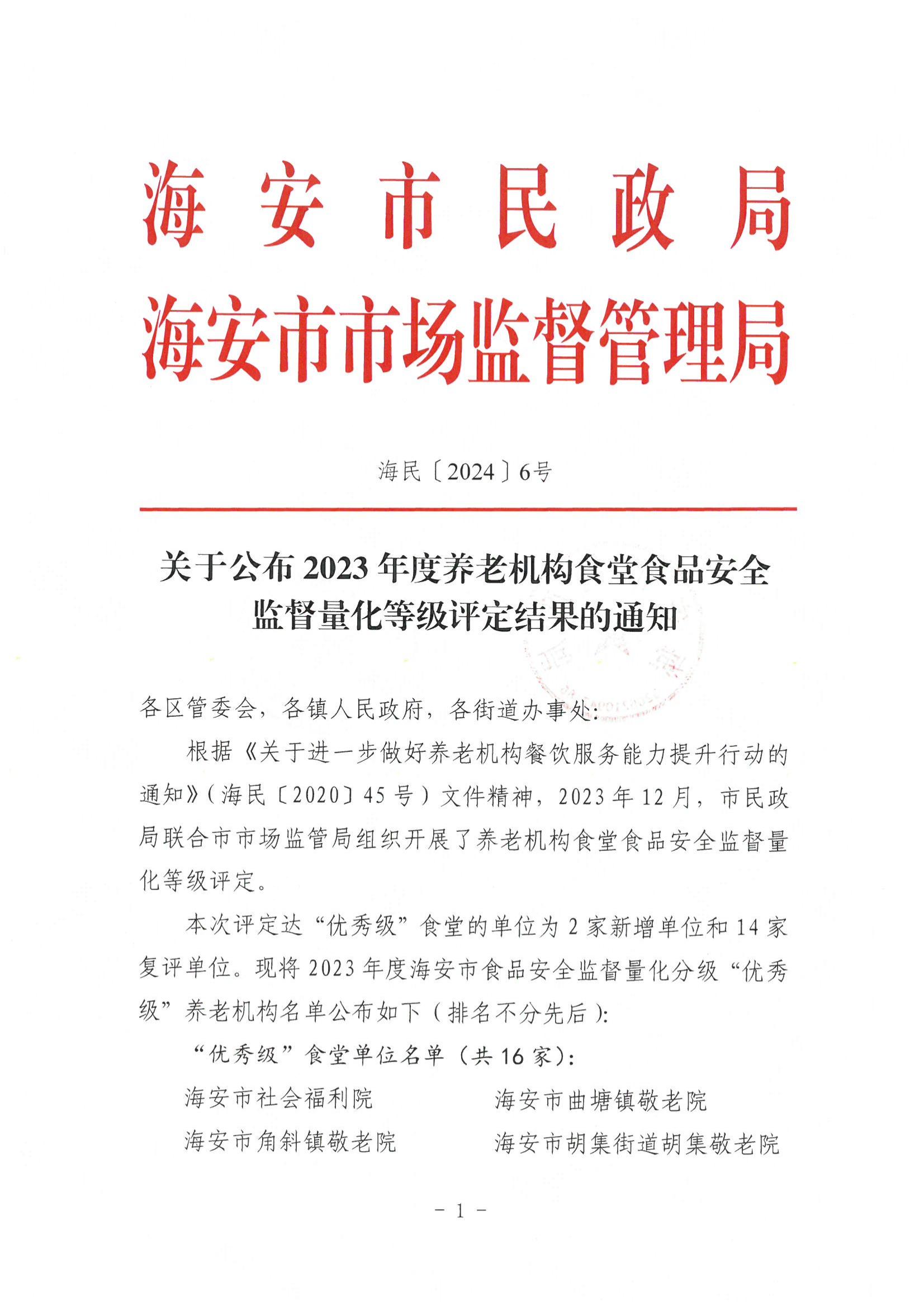 海民【2024】6号关于公布2023年度养老机构食堂食品安全监督量化等级评定结果的通知_00.jpg